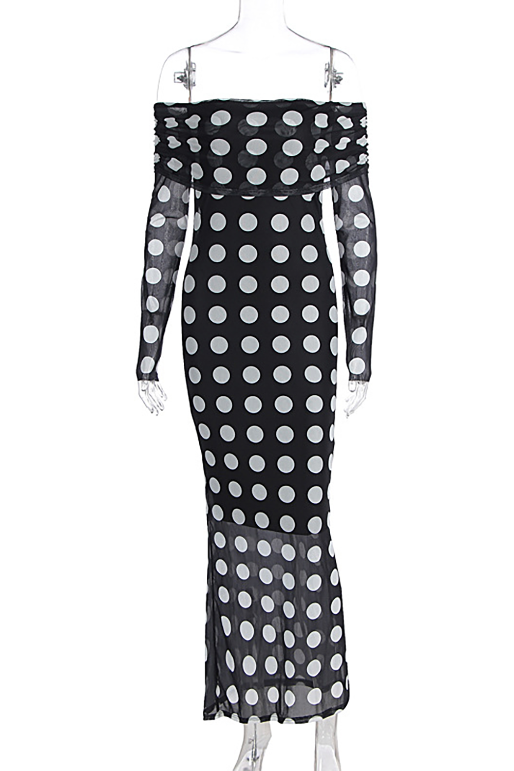 Polka Dot Print Off Shoulder Long Sleeve Bodycon Maxi Dresses-Black