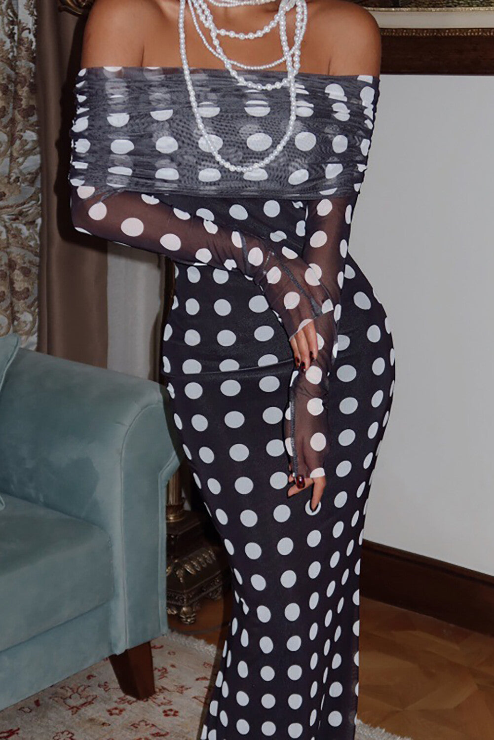 Polka Dot Print Off Shoulder Long Sleeve Bodycon Maxi Dresses-Black