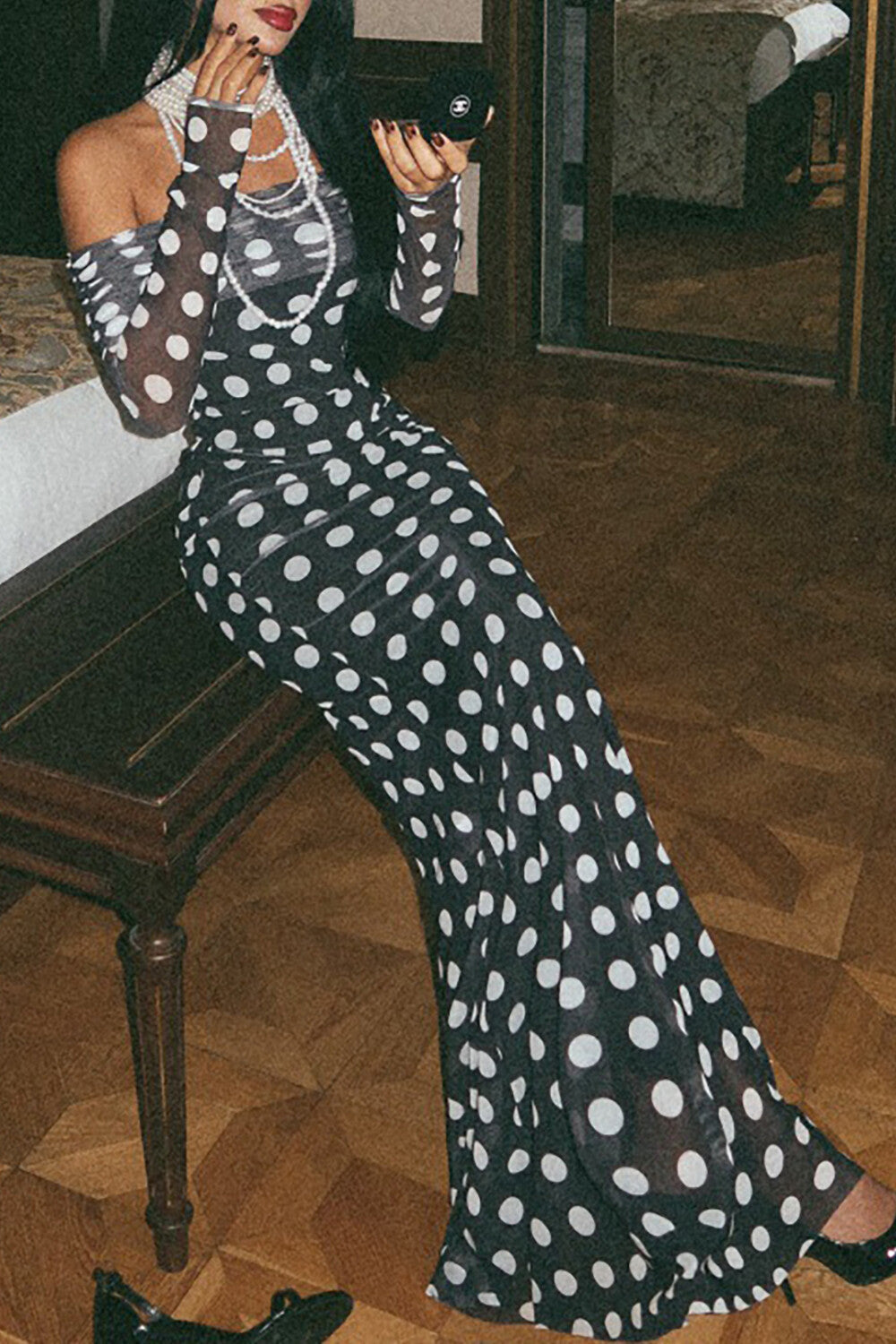 Polka Dot Print Off Shoulder Long Sleeve Bodycon Maxi Dresses-Black