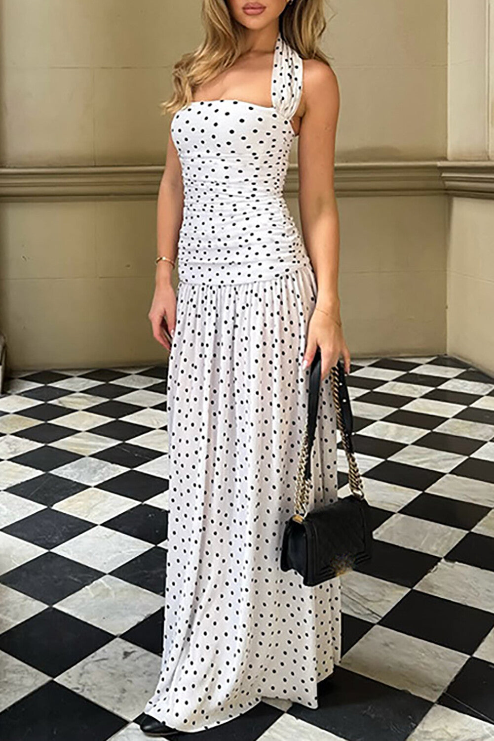 Halter Neck Cinch Waist Polka Dot Print Side Slit Maxi Dresses-White