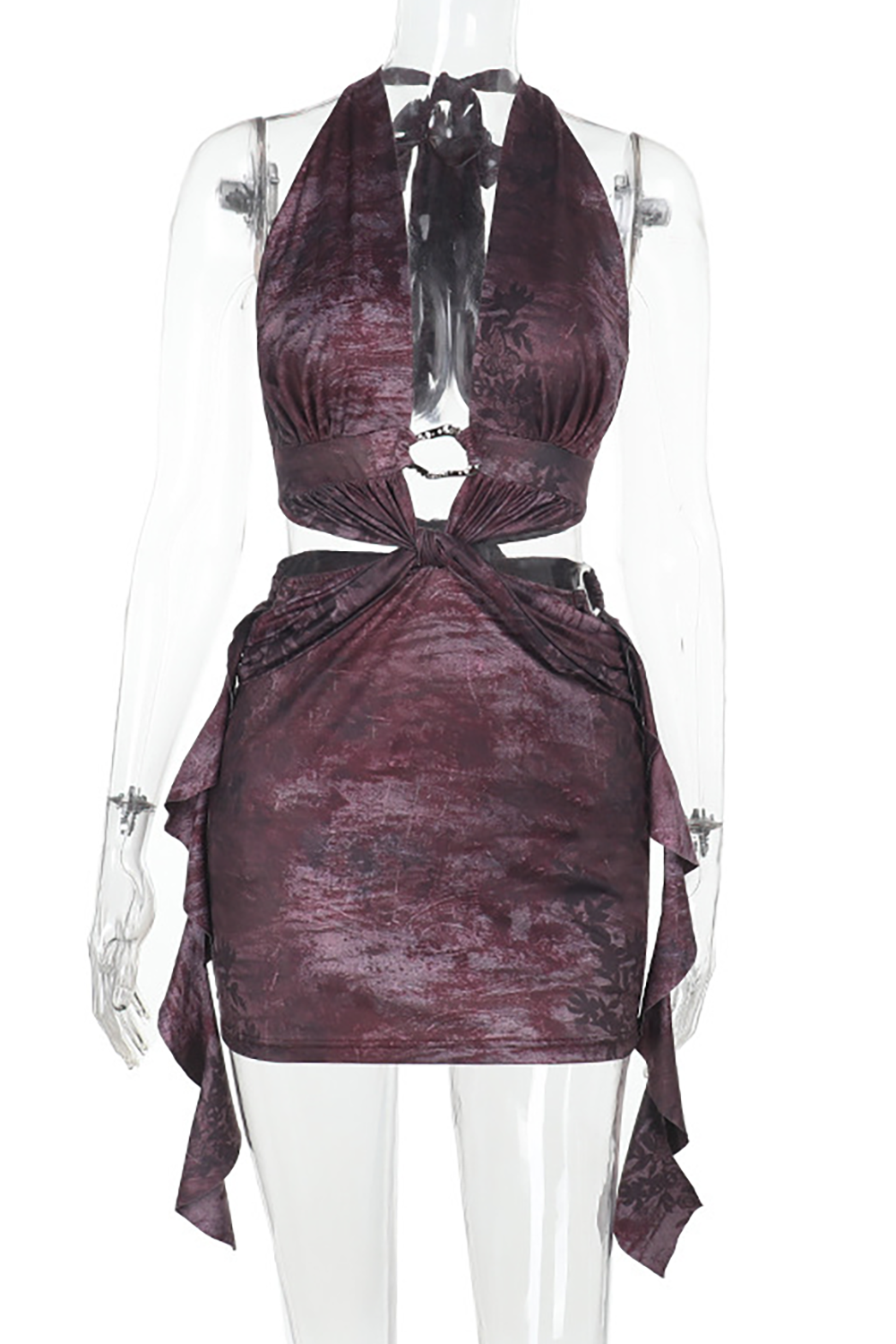 Pattern Print Deep V Neck Cutout Ruffled Sash Fitted Halter Mini Dresses-Purple