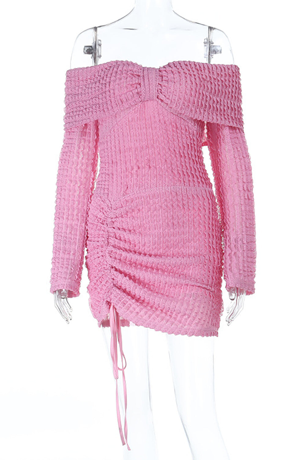 Textured Jacquard Solid Color Off Shoulder Long Sleeve Fitted Mini Dresses-Pink