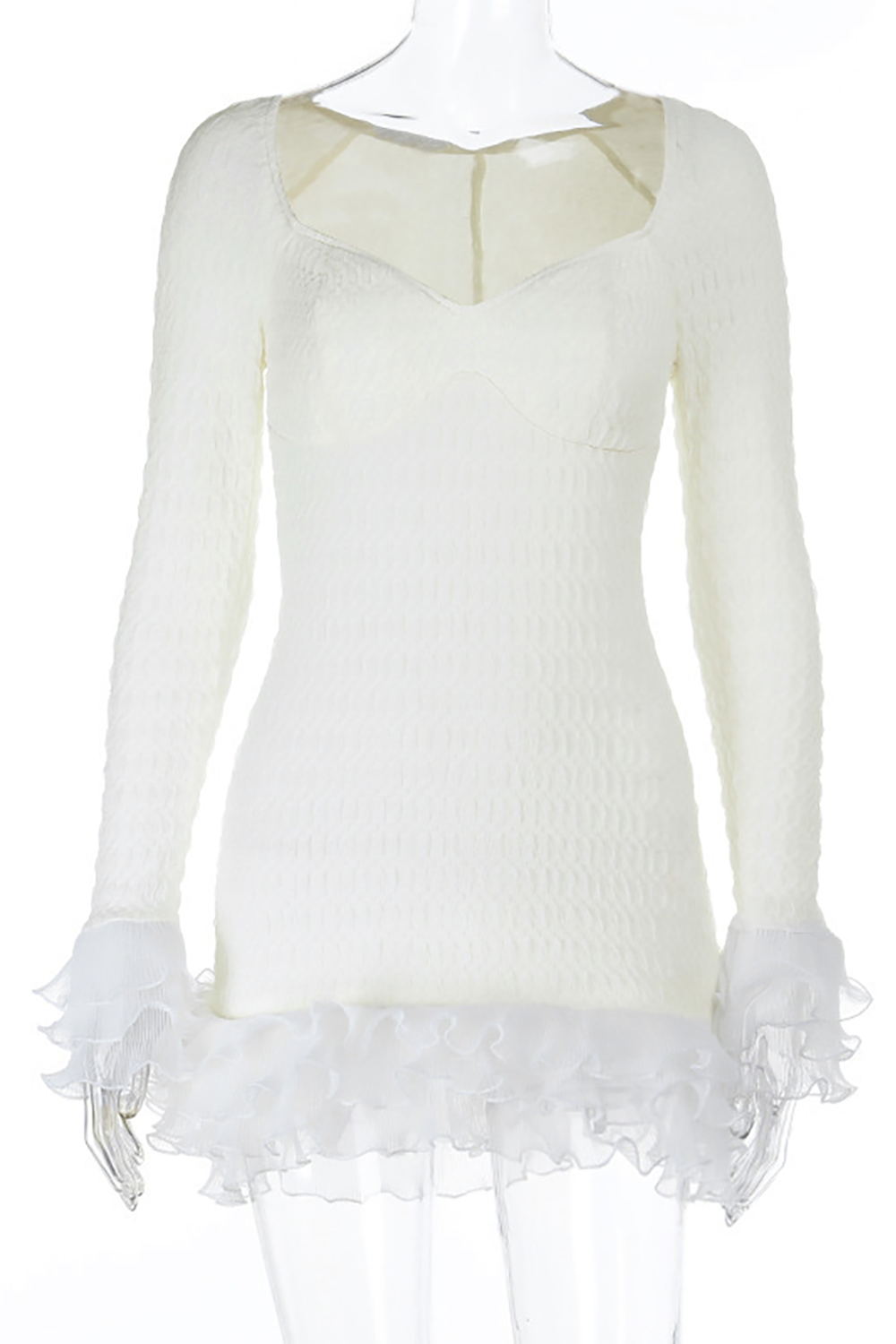 Tulle Tiered Ruffled Patchwork Long Sleeve Textured Mini Dresses-OffWhite