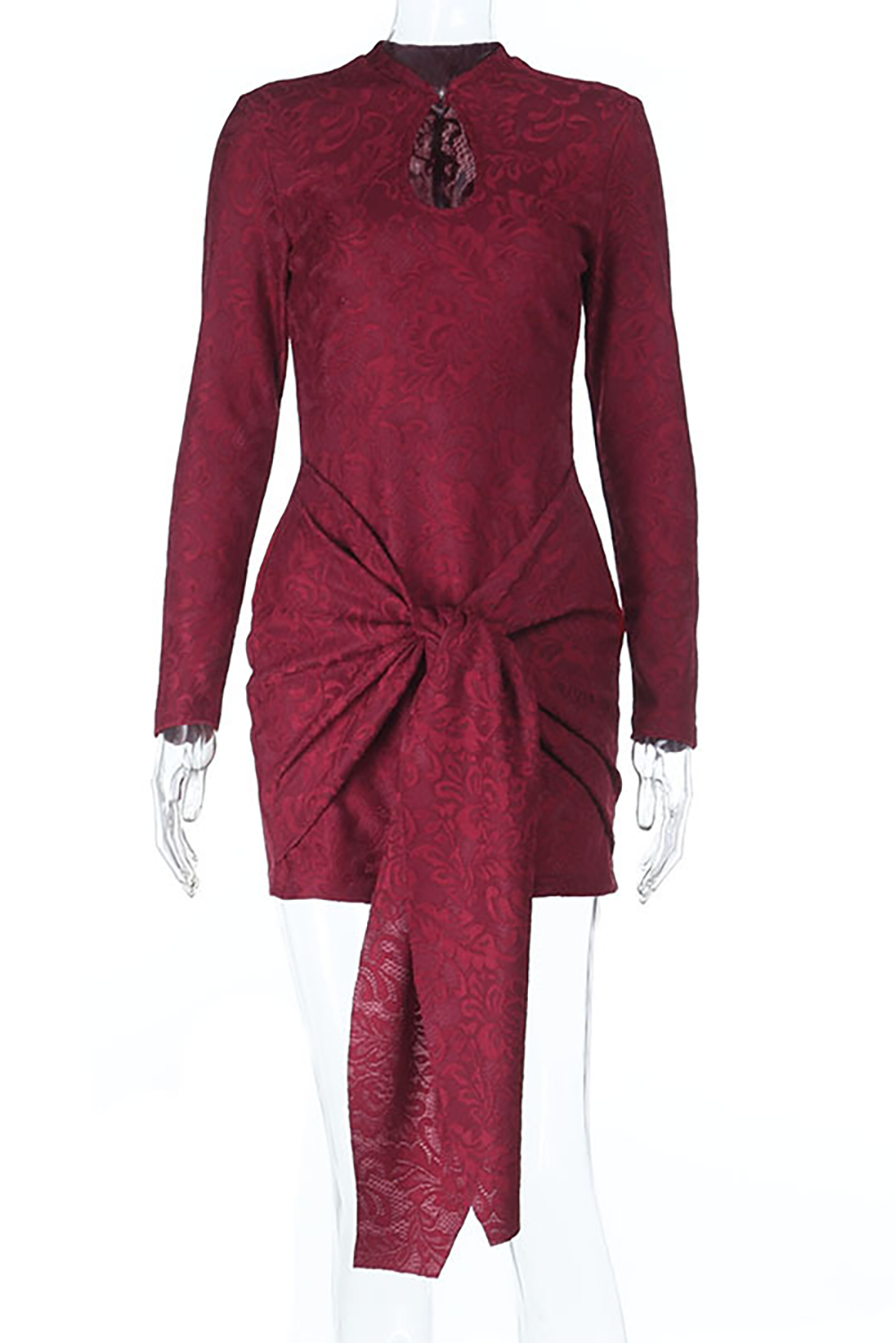 Stand Collar Long Sleeve Cutout Ruched Streamer Lace Mini Dresses-Burgundy