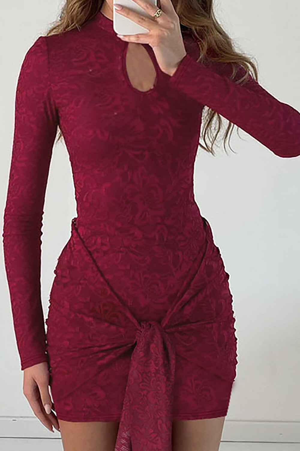 Stand Collar Long Sleeve Cutout Ruched Streamer Lace Mini Dresses-Burgundy