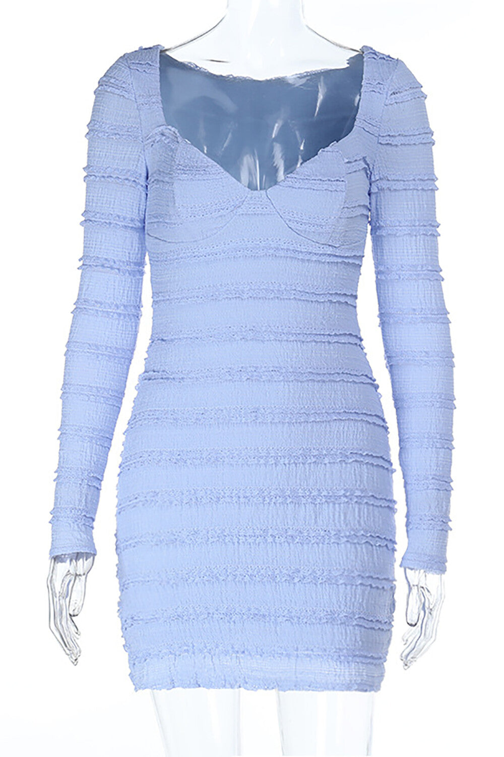 V Neckline Long Sleeve Frilled Trim Solid Color Slim Fit Mini Dresses-Blue