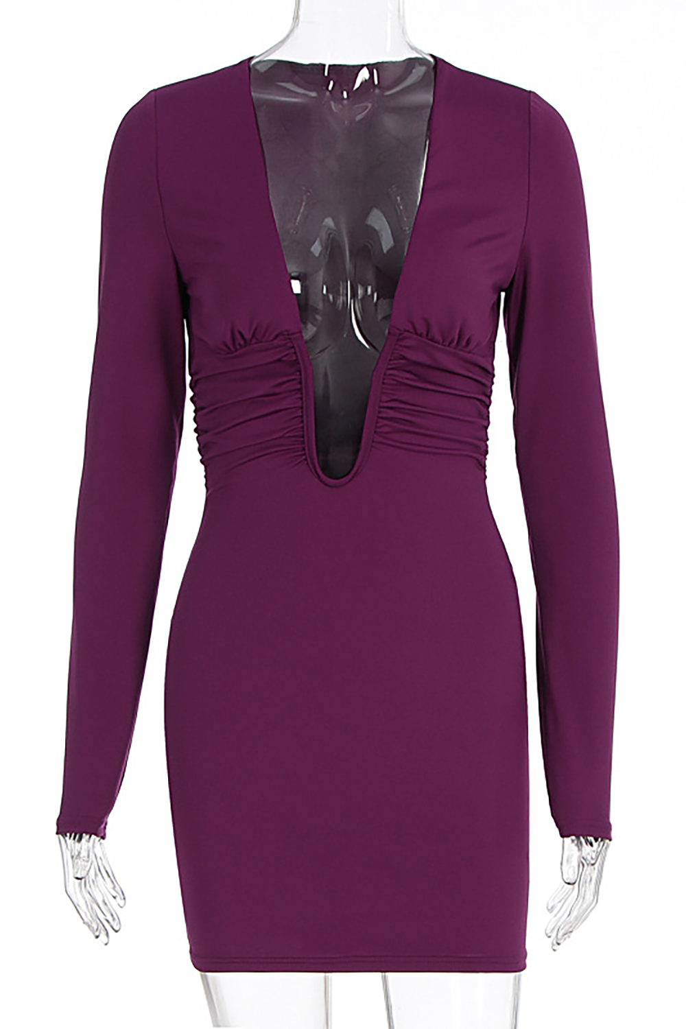 Deep V Neck Long Sleeve Ruched Solid Color Bodycon Mini Dresses-Purple