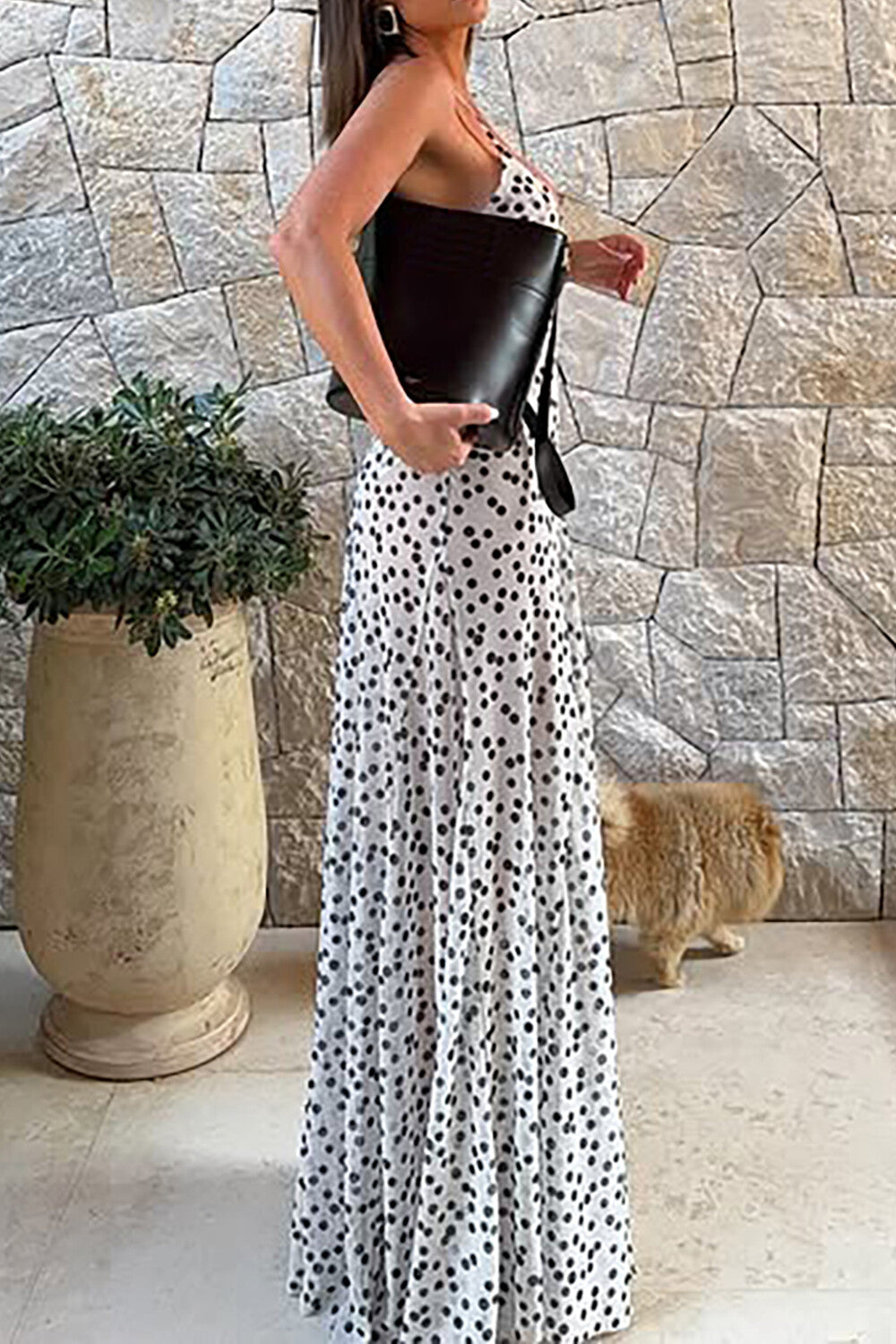Deep V Neck Polka Dot Print Strappy Maxi Dresses-White
