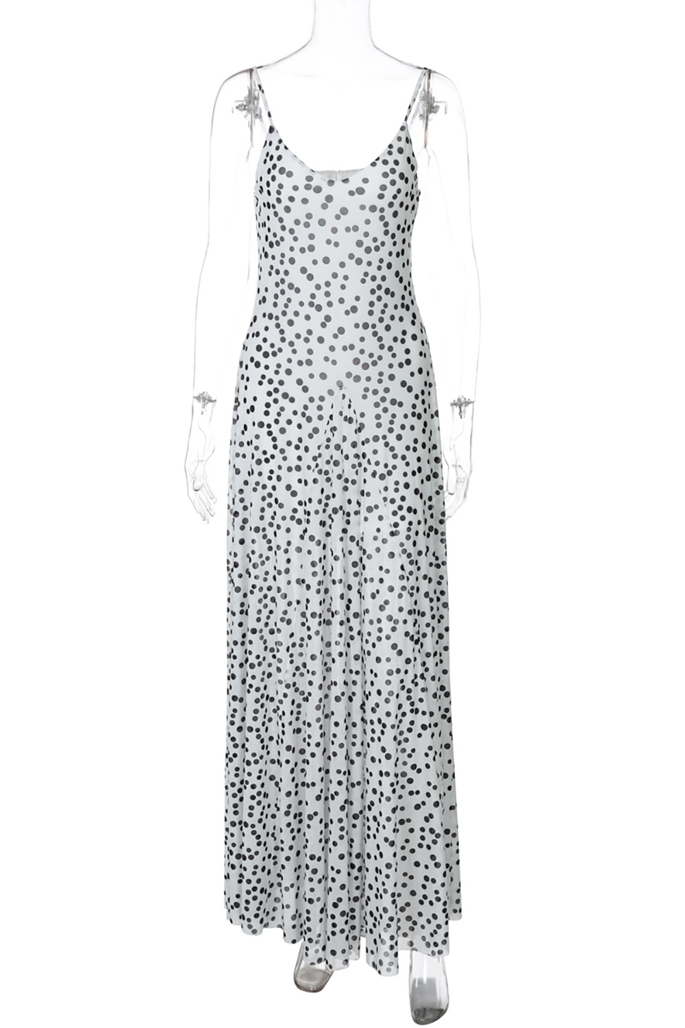 Deep V Neck Polka Dot Print Strappy Maxi Dresses-White