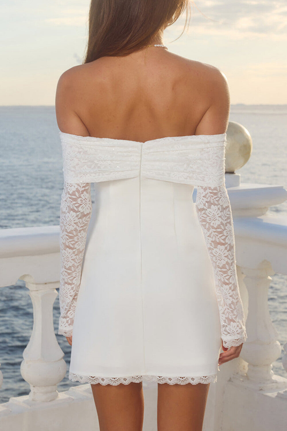 Floral Lace Patchwork Off Shoulder Long Sleeve Slim Fit Mini Dresses-White
