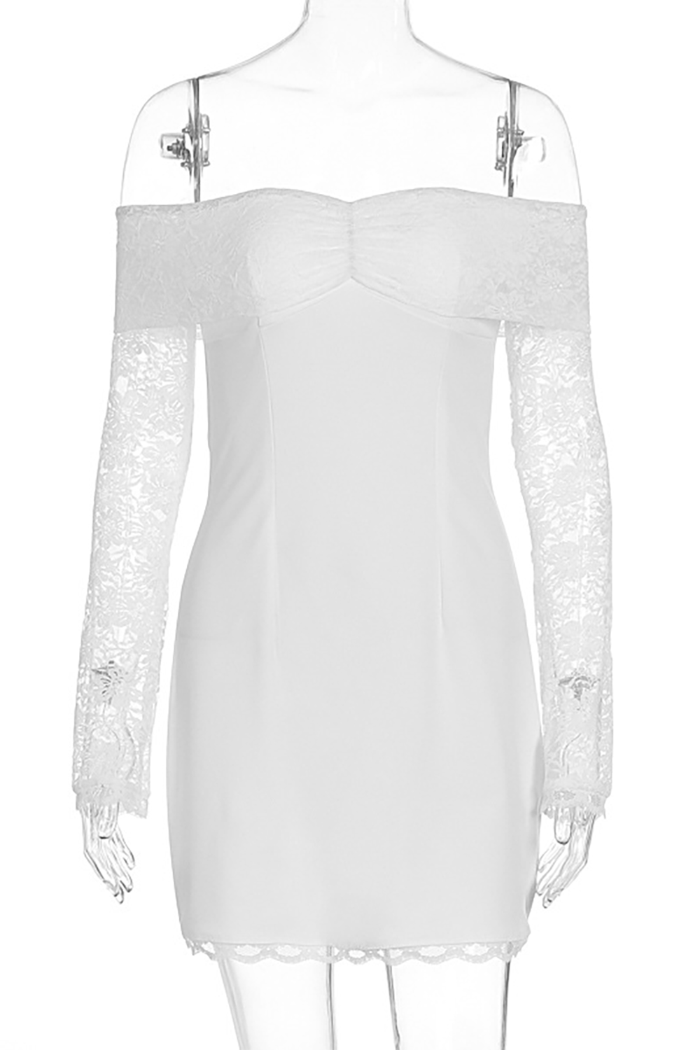 Floral Lace Patchwork Off Shoulder Long Sleeve Slim Fit Mini Dresses-White