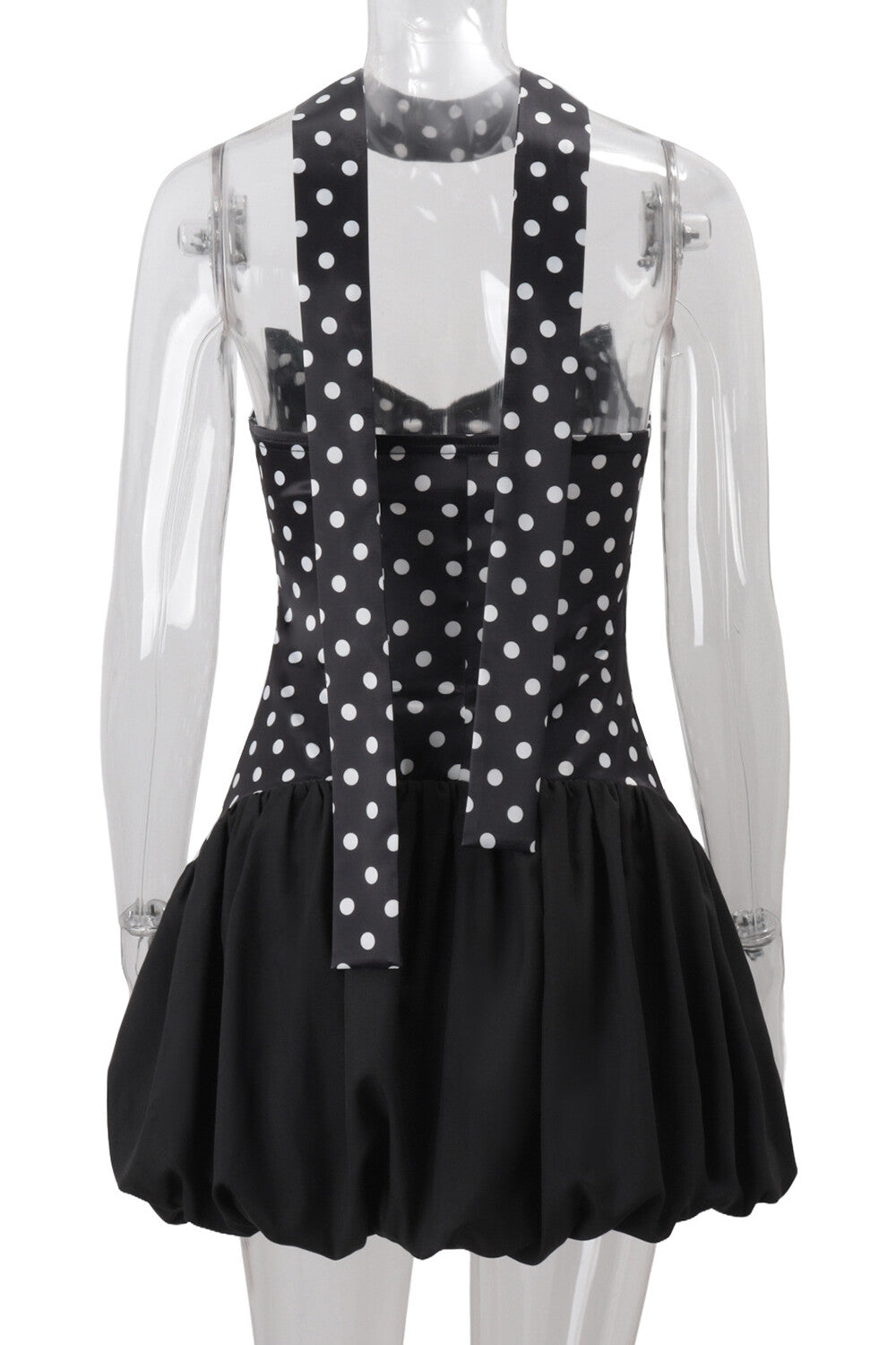 V Neck Strapless Polka Dot Print Cinch Waist Bubble Mini Dresses-Black