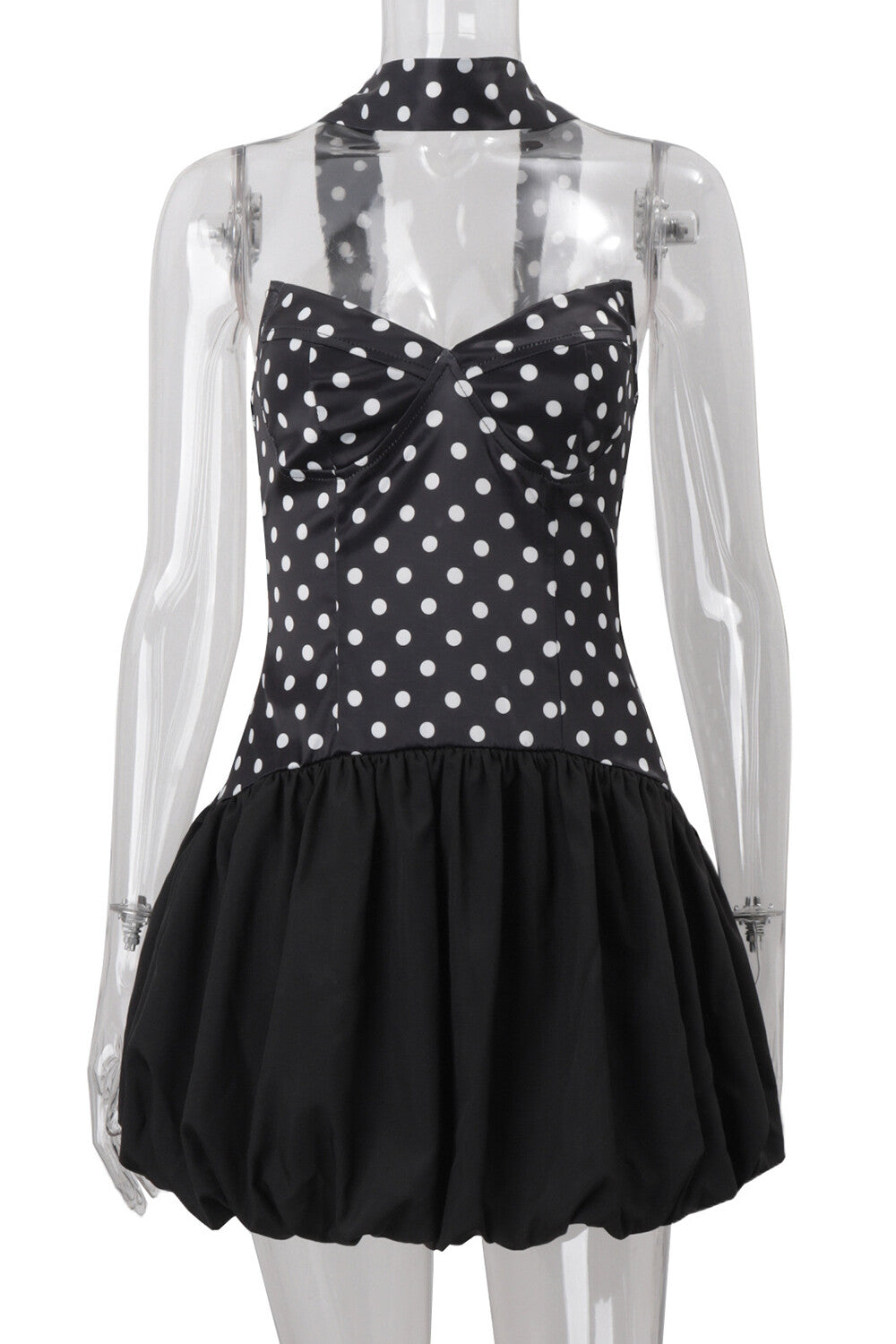 V Neck Strapless Polka Dot Print Cinch Waist Bubble Mini Dresses-Black