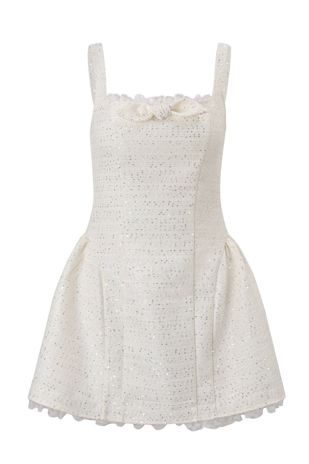 Lace Trim Square Neck Sequin Cinch Waist Slip Mini Dresses-Beige