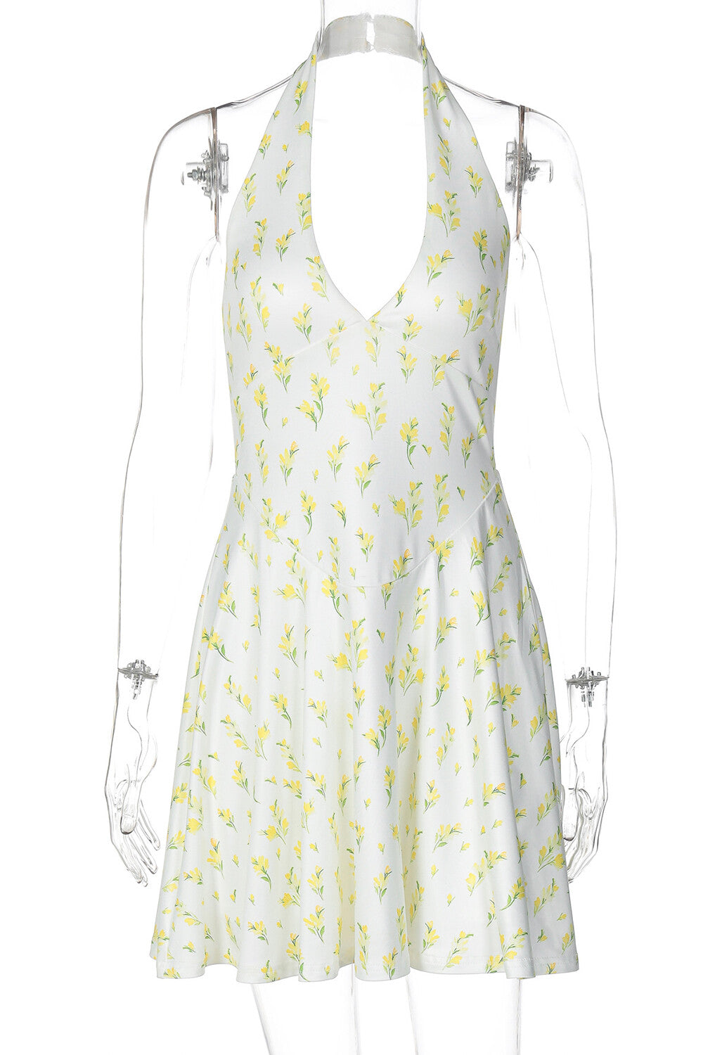Ditsy Floral Print Deep V Neck Cinch Waist Halter Mini Dresses-Yellow