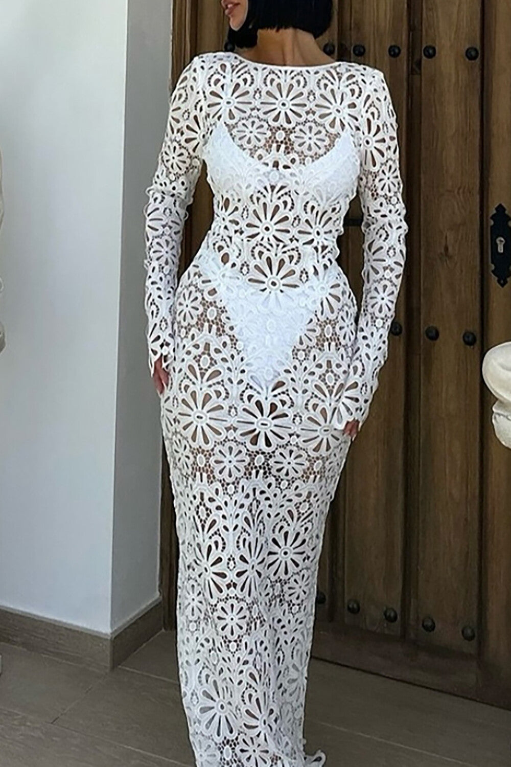 Floral Cutout Lace Long Sleeve Backless See Through Maxi Dresses-White