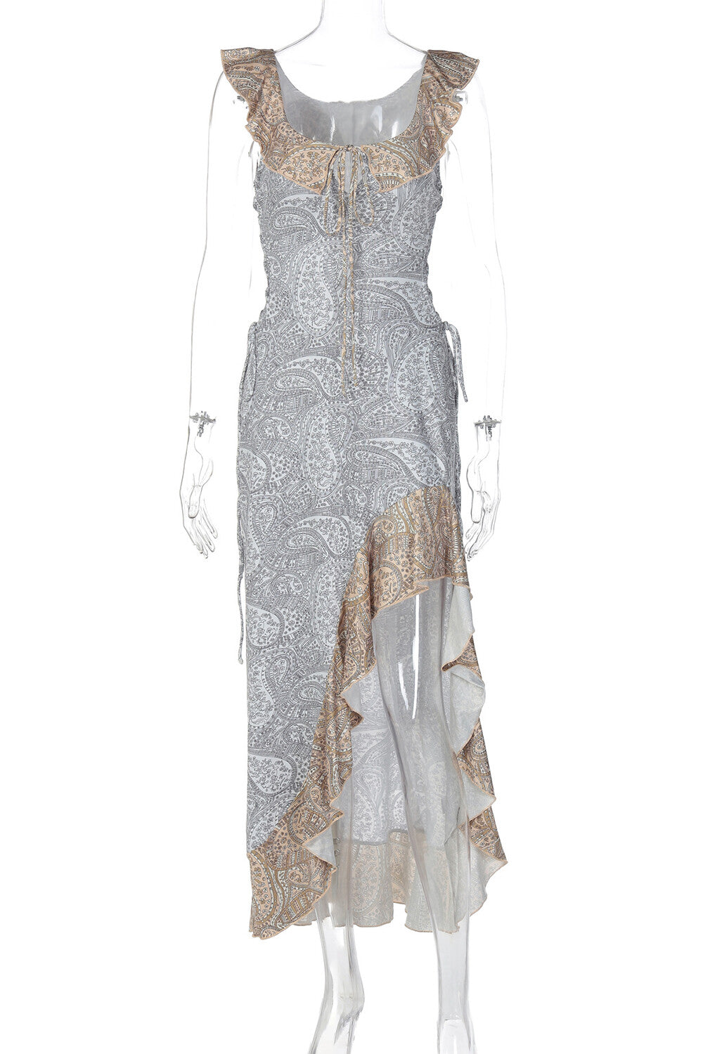 Paisley Print Slim Fit Colorblock Ruffled Slit Hem Maxi Dresses-Grey