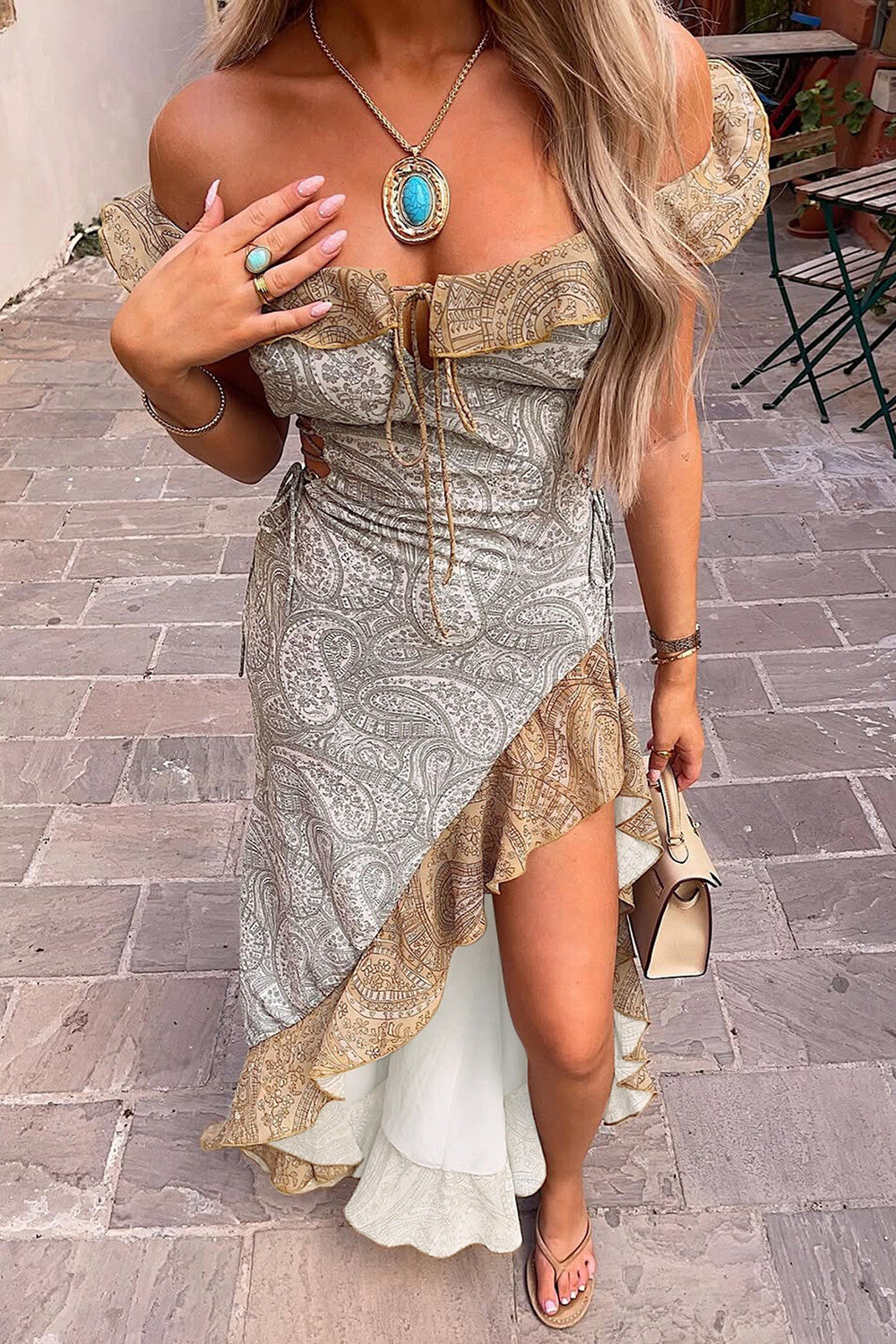 Paisley Print Slim Fit Colorblock Ruffled Slit Hem Maxi Dresses-Grey