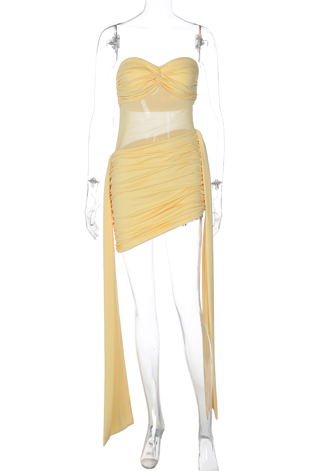 Mesh Patchwork Strapless Ruched Bodycon Side Streamer Mini Dresses-Yellow