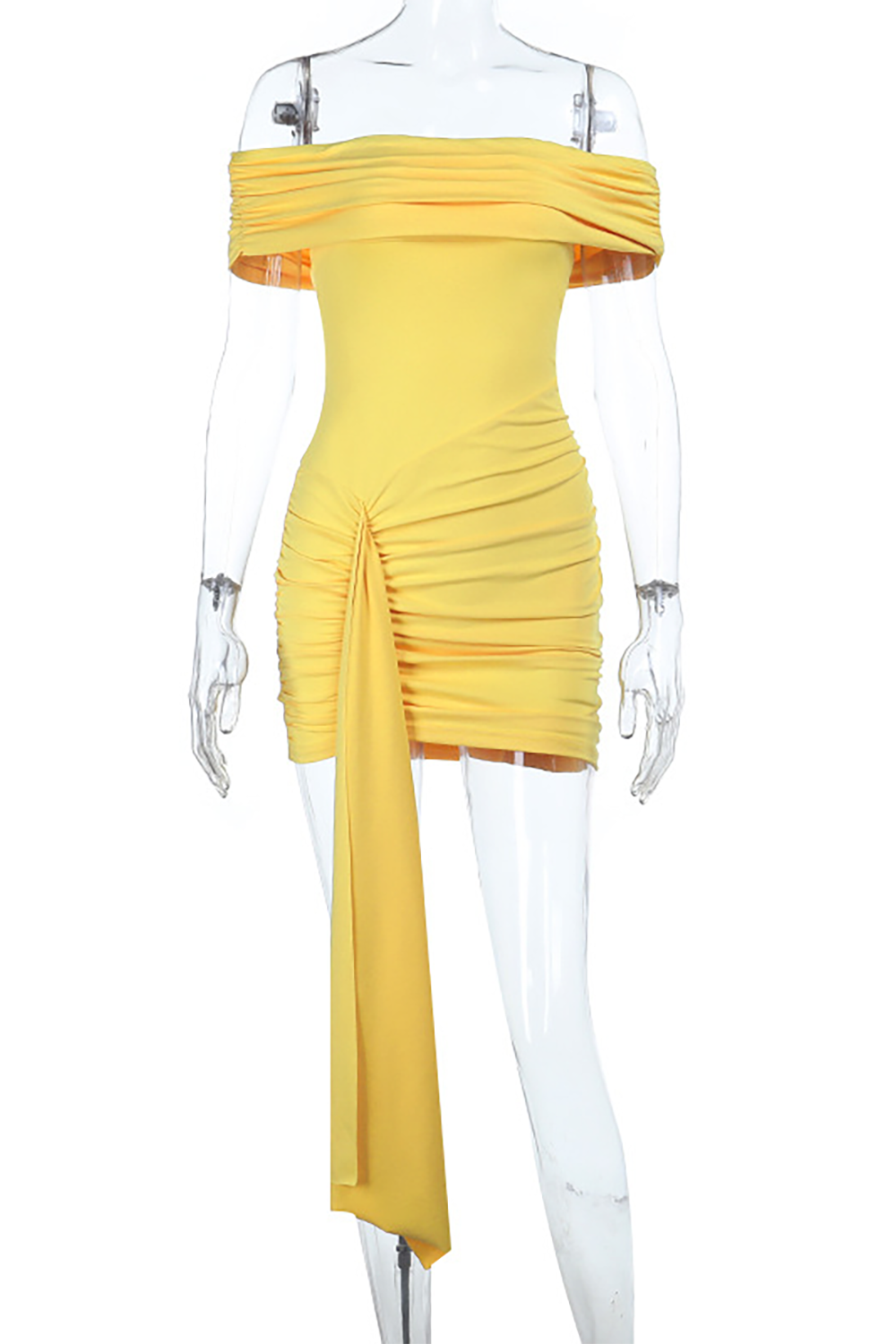 Off Shoulder Short Sleeve Ruched Solid Color Streamer Mini Dresses-Yellow