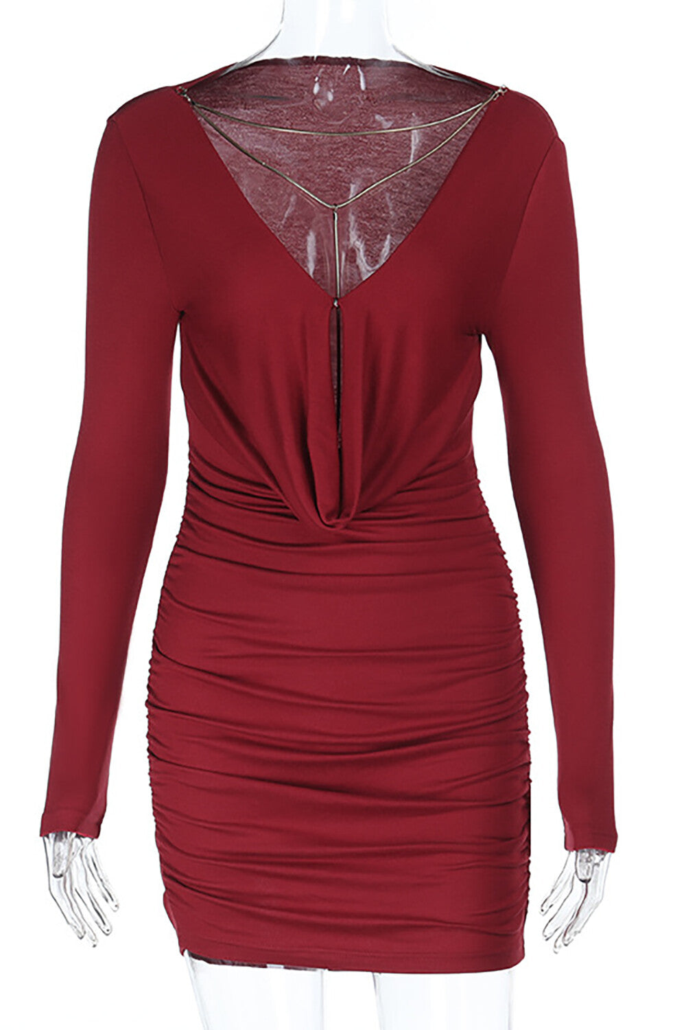 Cowl Neckline Long Sleeve Solid Color Ruched Bodycon Mini Dresses-Crimson