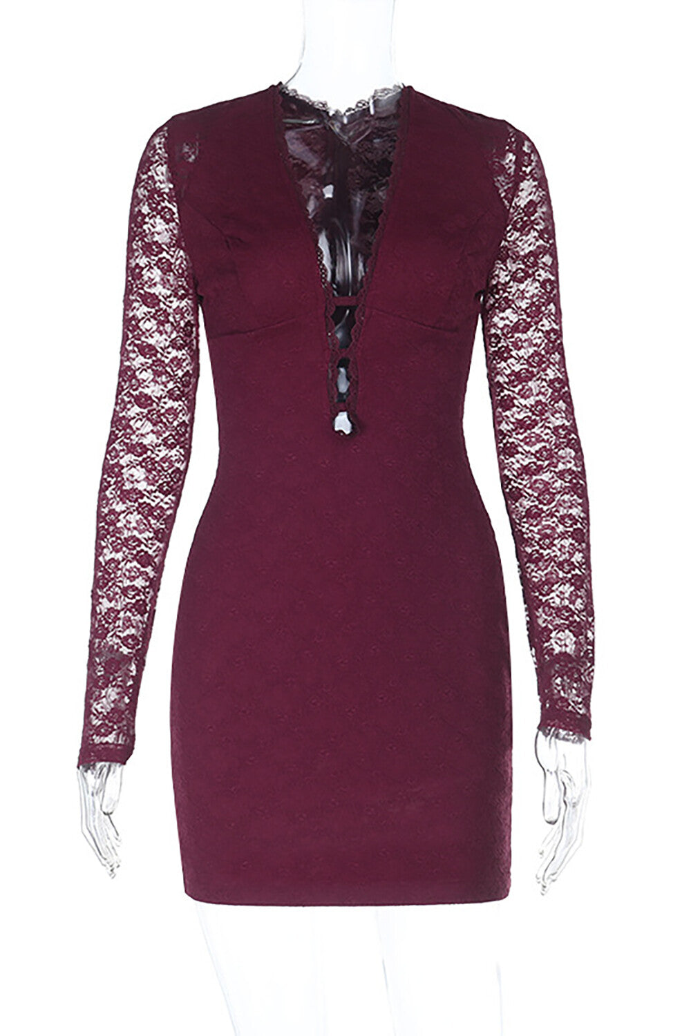 Lace Deep V Neck Long Sleeve Bodycon Mini Dresses-Burgundy