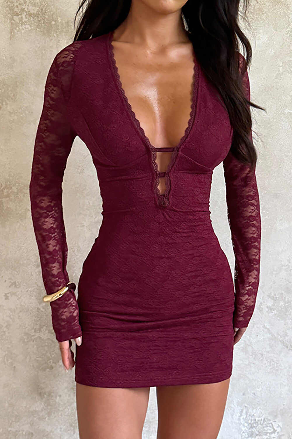 Lace Deep V Neck Long Sleeve Bodycon Mini Dresses-Burgundy