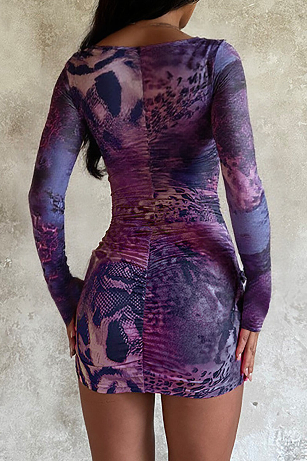 Mixed Print Long Sleeve Layered Ruffled Hem Mini Dresses-Purple