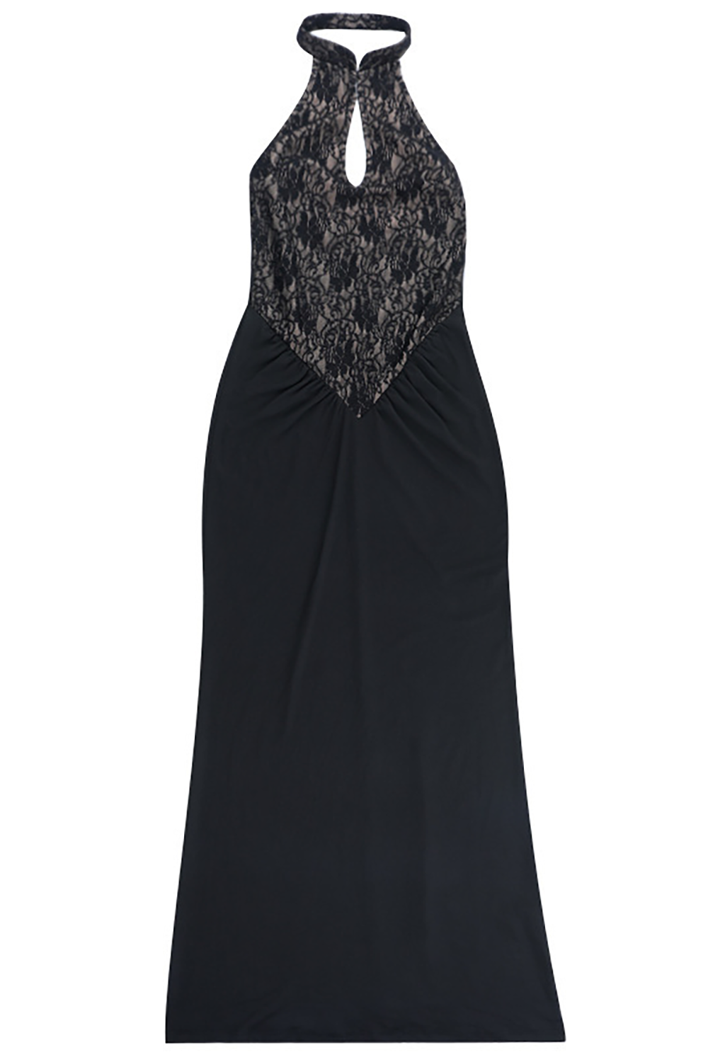 Lace Patchwork Cutout Bodycon Halter Neck Maxi Dresses-Black