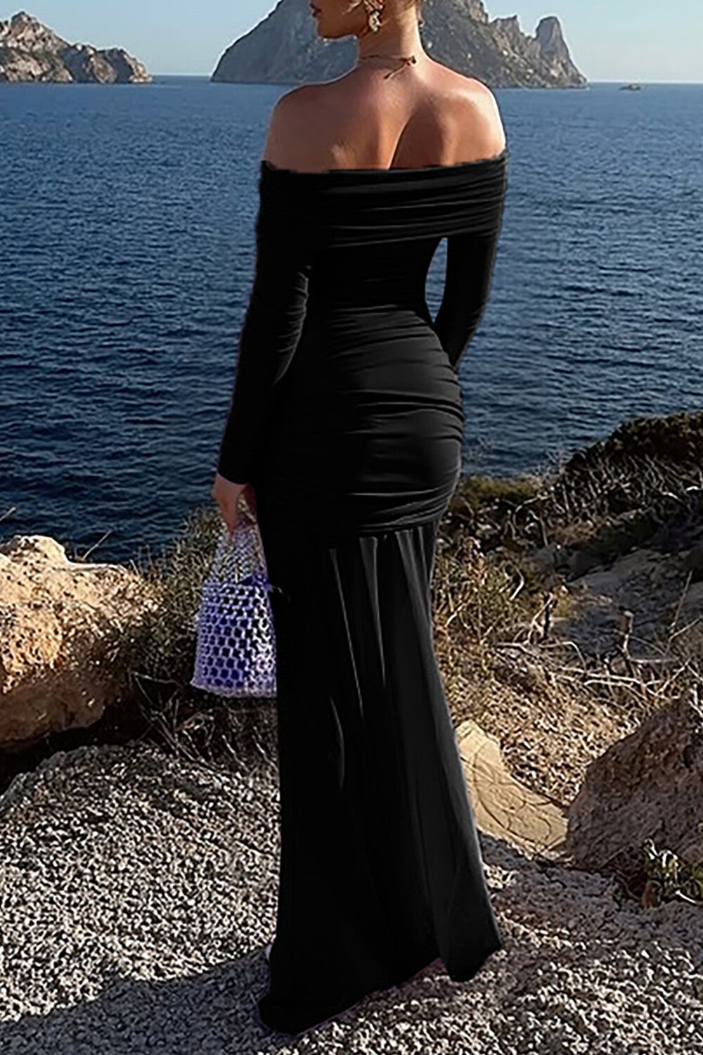 Off Shoulder Long Sleeve See Through Mesh Ruched Slim Fit Maxi Dresses-Purple