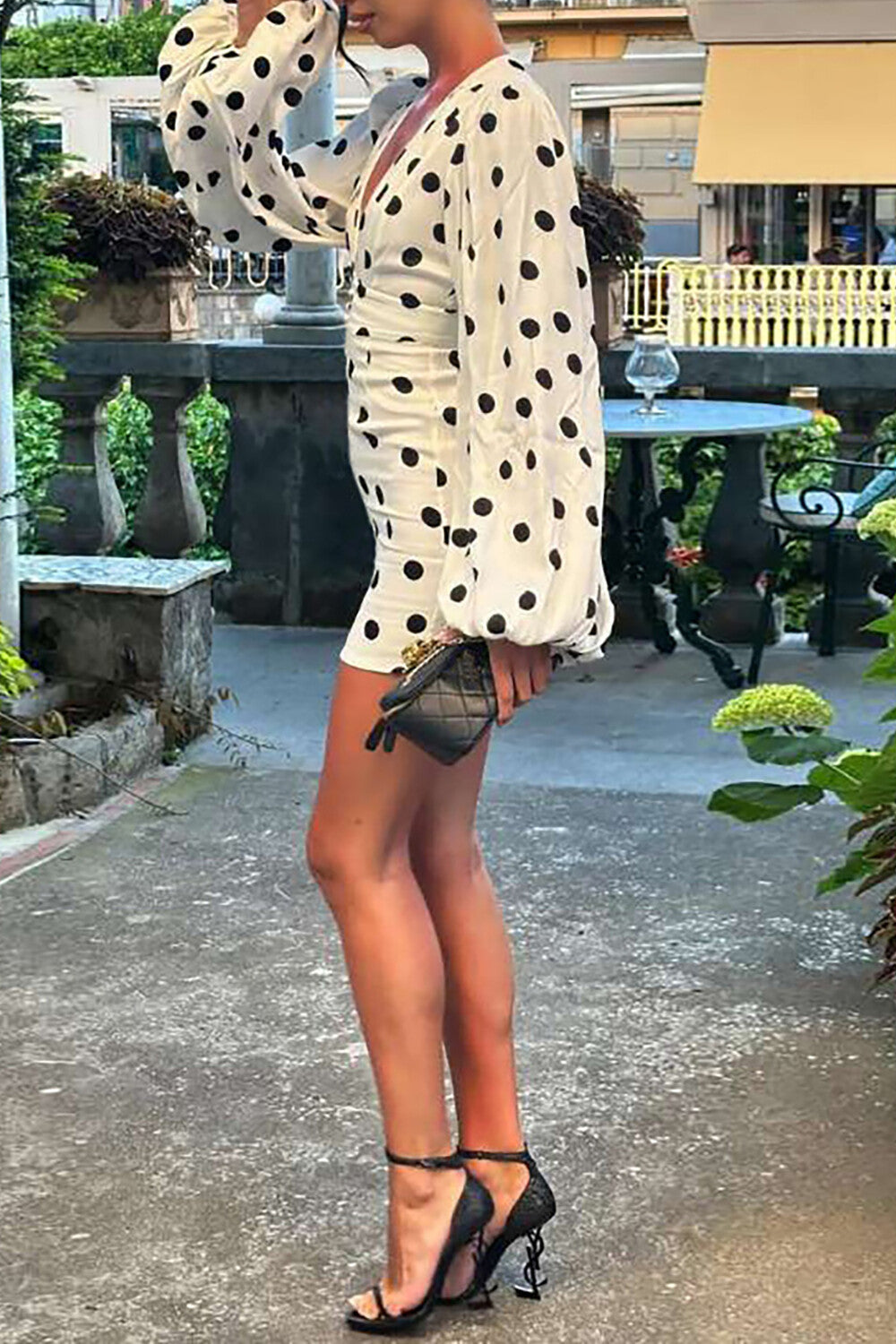 Polka Dot Print Plunge Neck Lantern Sleeve Fitted Mini Dresses-White