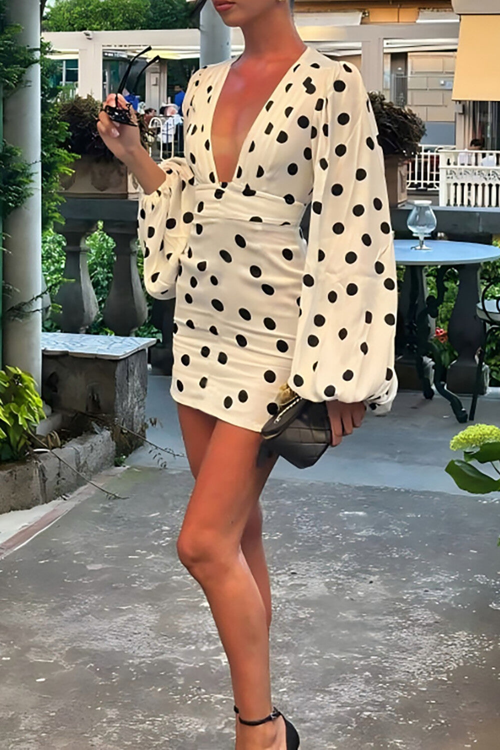 Polka Dot Print Plunge Neck Lantern Sleeve Fitted Mini Dresses-White