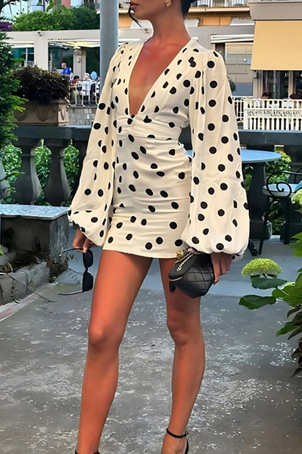 Polka Dot Print Plunge Neck Lantern Sleeve Fitted Mini Dresses-White