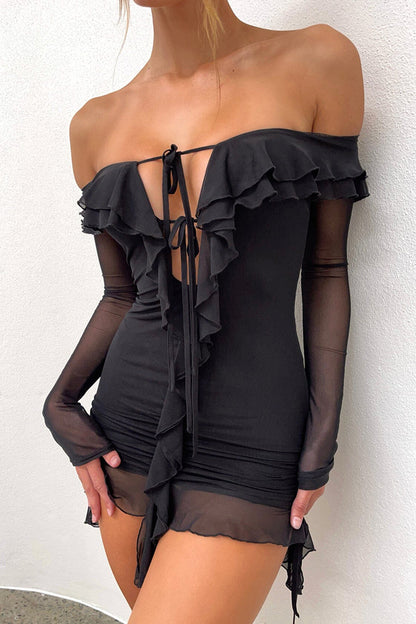 Off Shoulder Long Sleeve Tied Up Ruffle Party Mini Dress Black