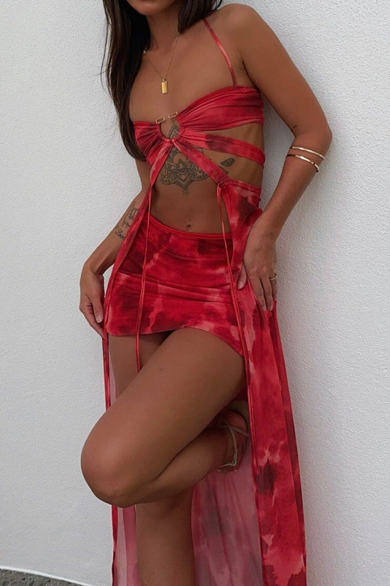 Pattern Print Sash Cut Out Halter Crop Top Vacation Mini Skirt Matching Set