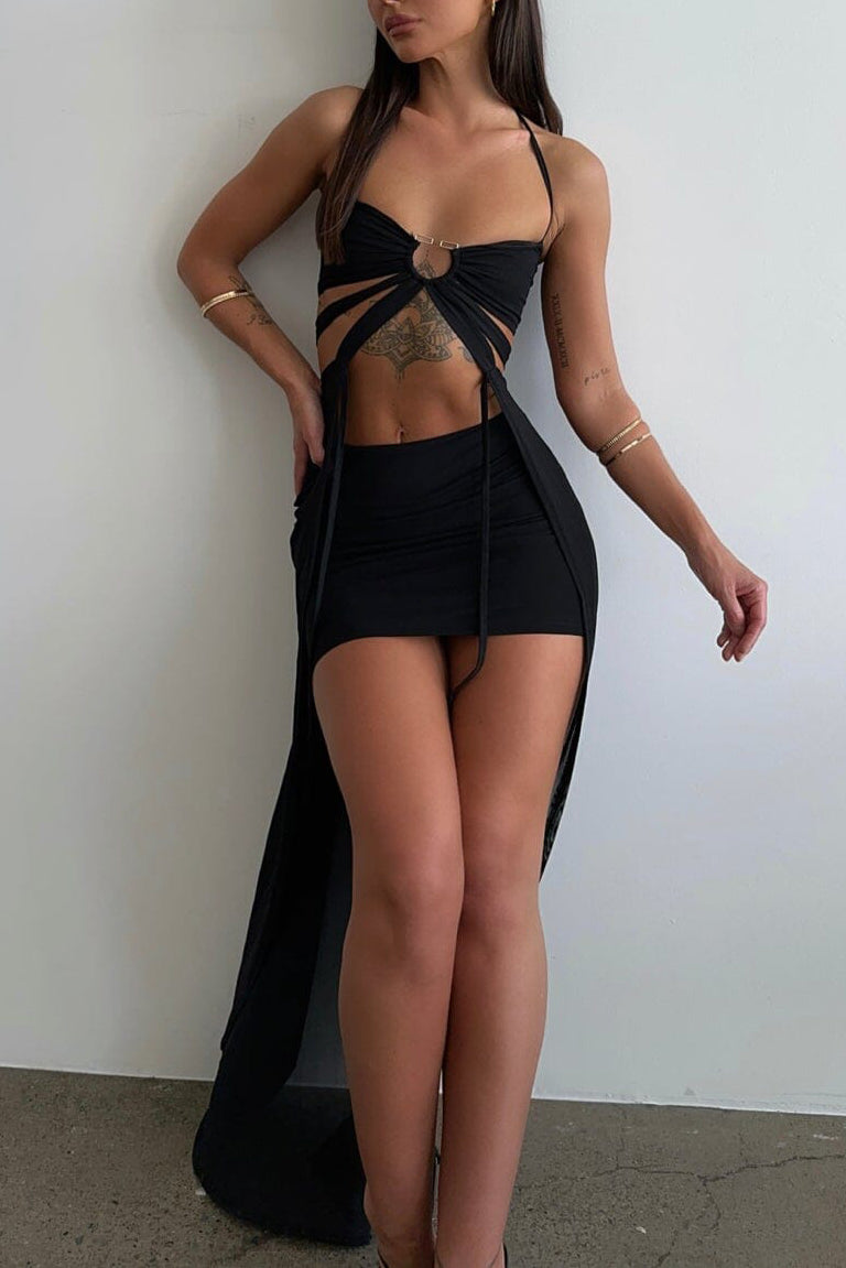 Pattern Print Sash Cut Out Halter Crop Top Vacation Mini Skirt Matching Set