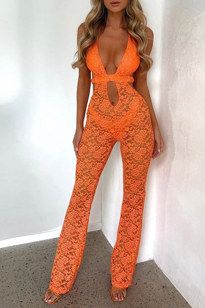 See Through White Lace V Neck Cutout Sleeveless Jumpsuit  White