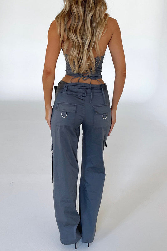 Lace Up Zip Halter Backless Crop Top Pocket Straight Leg Pants Matching Set