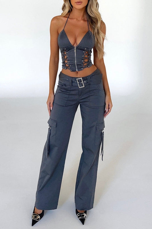 Lace Up Zip Halter Backless Crop Top Pocket Straight Leg Pants Matching Set