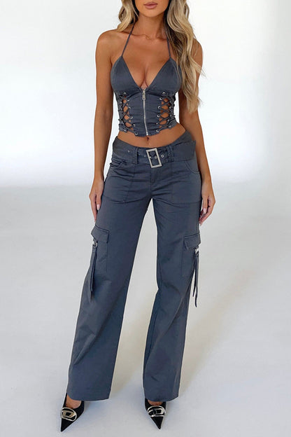Lace Up Zip Halter Backless Crop Top Pocket Straight Leg Pants Matching Set