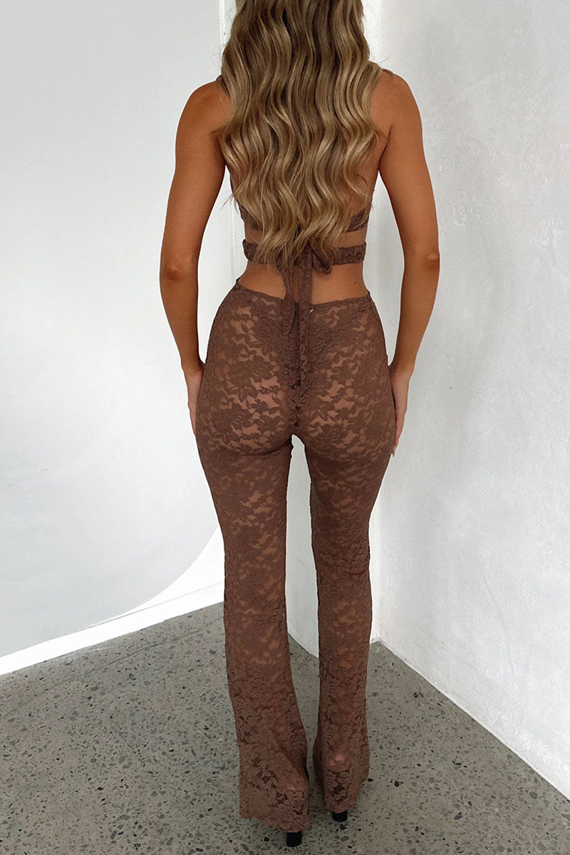 See Through White Lace V Neck Cutout Sleeveless Jumpsuit  White