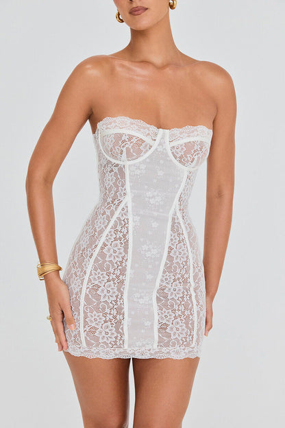 Guipure Lace Patchwork See Through Party Mini Tube Dresses White
