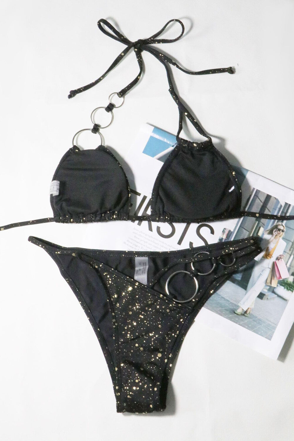 Sequin O Ring Patchwork Halter Neck Bikini 2pcs Set Black