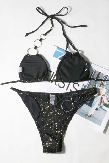 Sequin O Ring Patchwork Halter Neck Bikini 2pcs Set Black