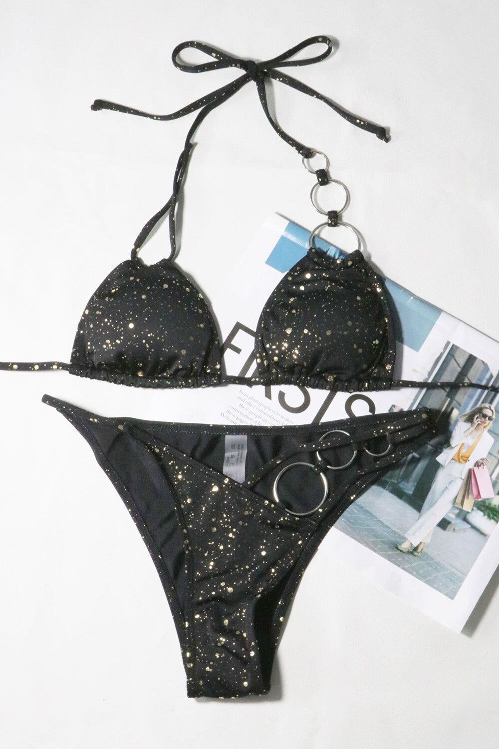 Sequin O Ring Patchwork Halter Neck Bikini 2pcs Set Black