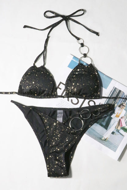 Sequin O Ring Patchwork Halter Neck Bikini 2pcs Set Black