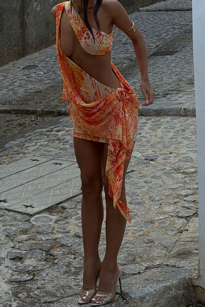 Pattern Print Cutout Ruffled Irregular Mini Dresses Orange