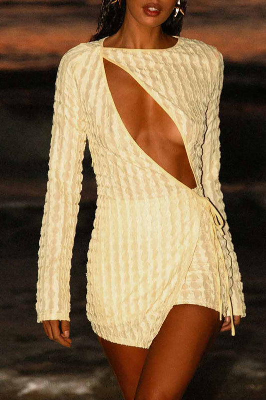 Round Neck Long Sleeve Cutout Tie Up Textured Mini Dresses Yellow