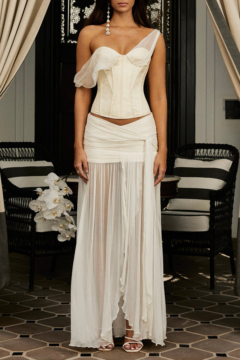 Drop Shoulder Corset Semi Sheer Slit Maxi Skirt 2pcs Set Beige