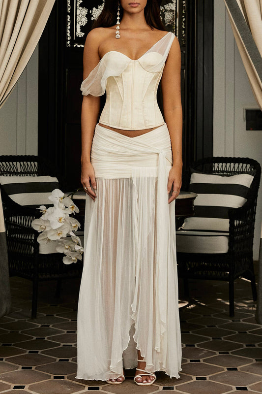 Drop Shoulder Corset Semi Sheer Slit Maxi Skirt 2pcs Set Beige